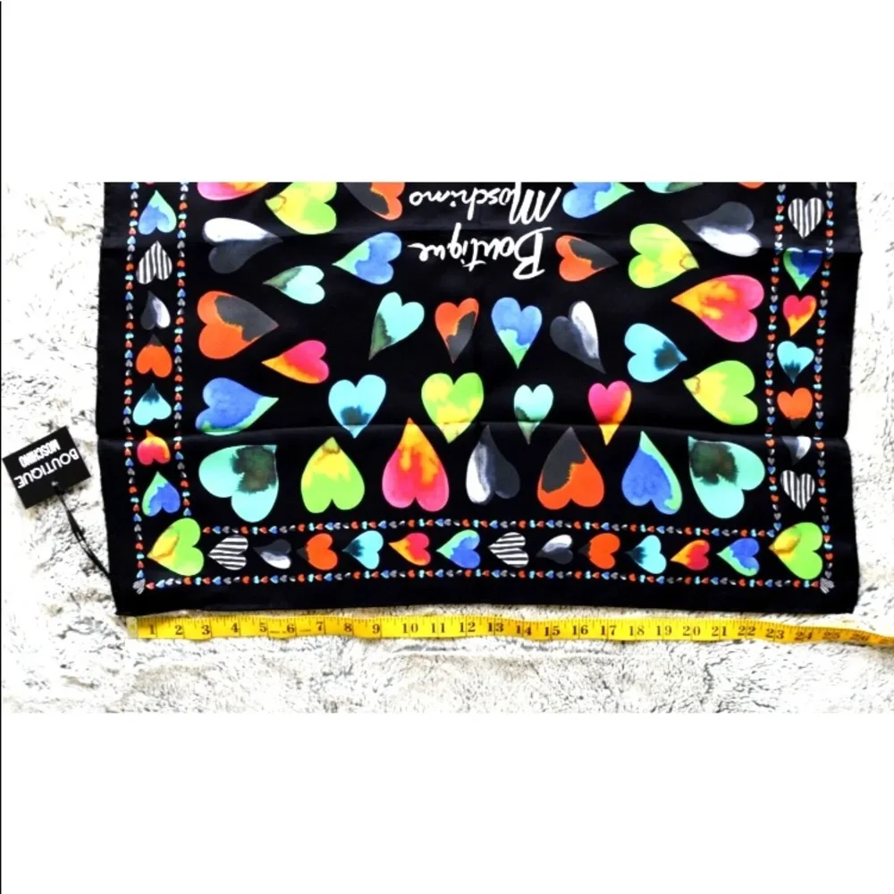 NEW MOSCHINO 100% Silk Scarf Black/Multi Heart Print,Hand rollIed, Italy…
